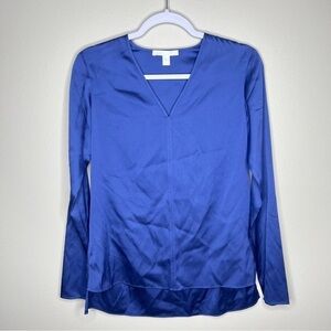 BOSS Hugo Boss Blue Stretch Silk Long Sleeve V-Neck‎ Blouse
